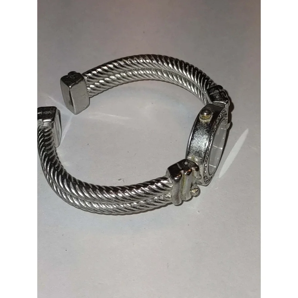 Geneva Platinum Bracelet Watch Silver 8322 Twisted Cable Cuff Rhinestone Bezel